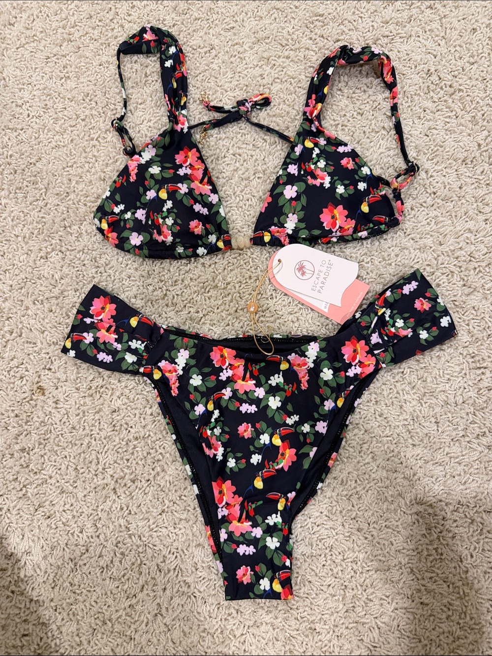 Floral Black Tie-Back Bikini Set - Women's Swim